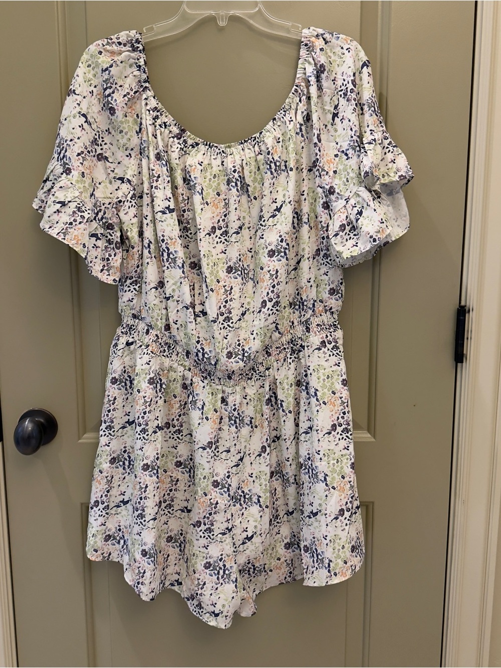 White Floral Short-Sleeve Romper with Navy & Pastel Accents